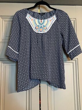 Takara Navy Embroidered Yoke Boho Blouse